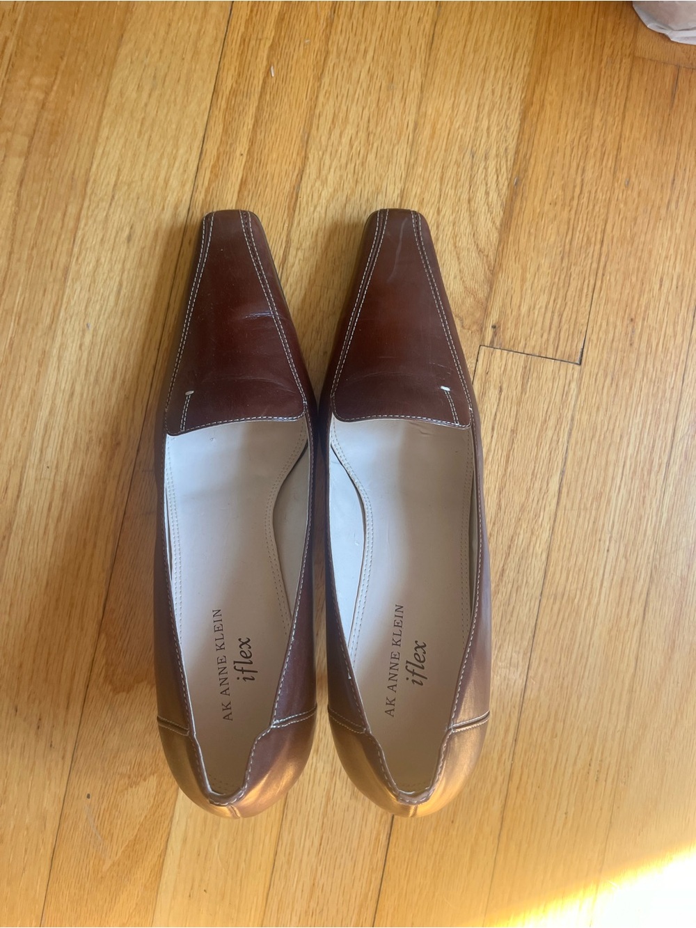 Anne Klein Brown Leather Square-Toe Slip-On Flats
